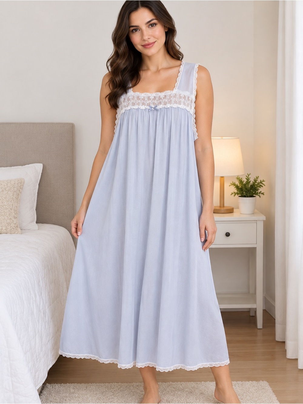 Pure Luxury Lace-Trim Square Neck Chemise Nightgown - Light Blue Size Large